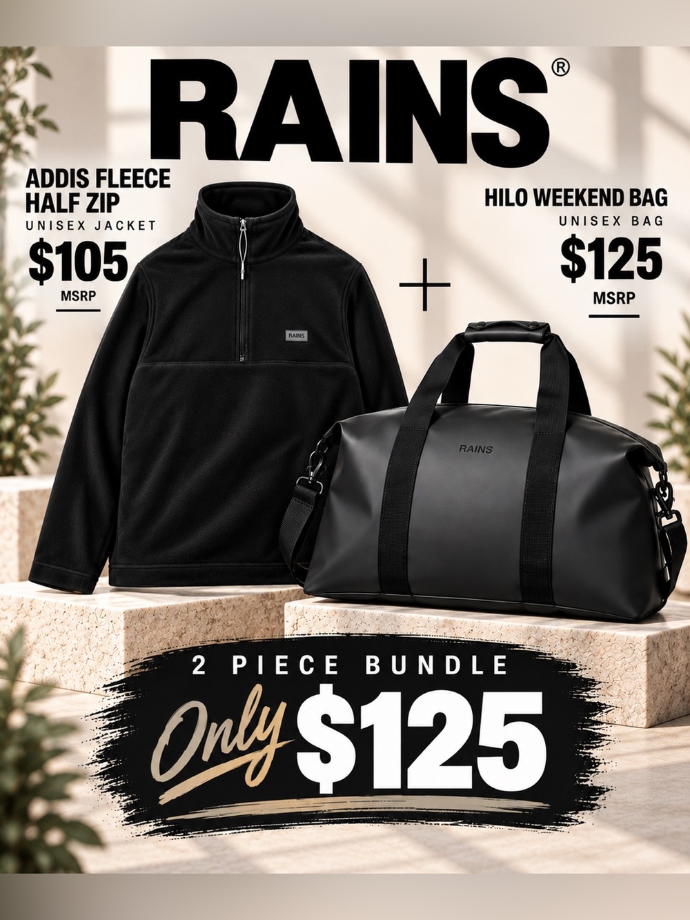 Rains Black Hilo Weekend Bag + Rains Addis Fleece Half Zip Jacket (Unisex).